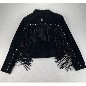 Pioneer Wear Women’s M Black Suede Leather Fringe Western Jacket Rodeo Cowgirl